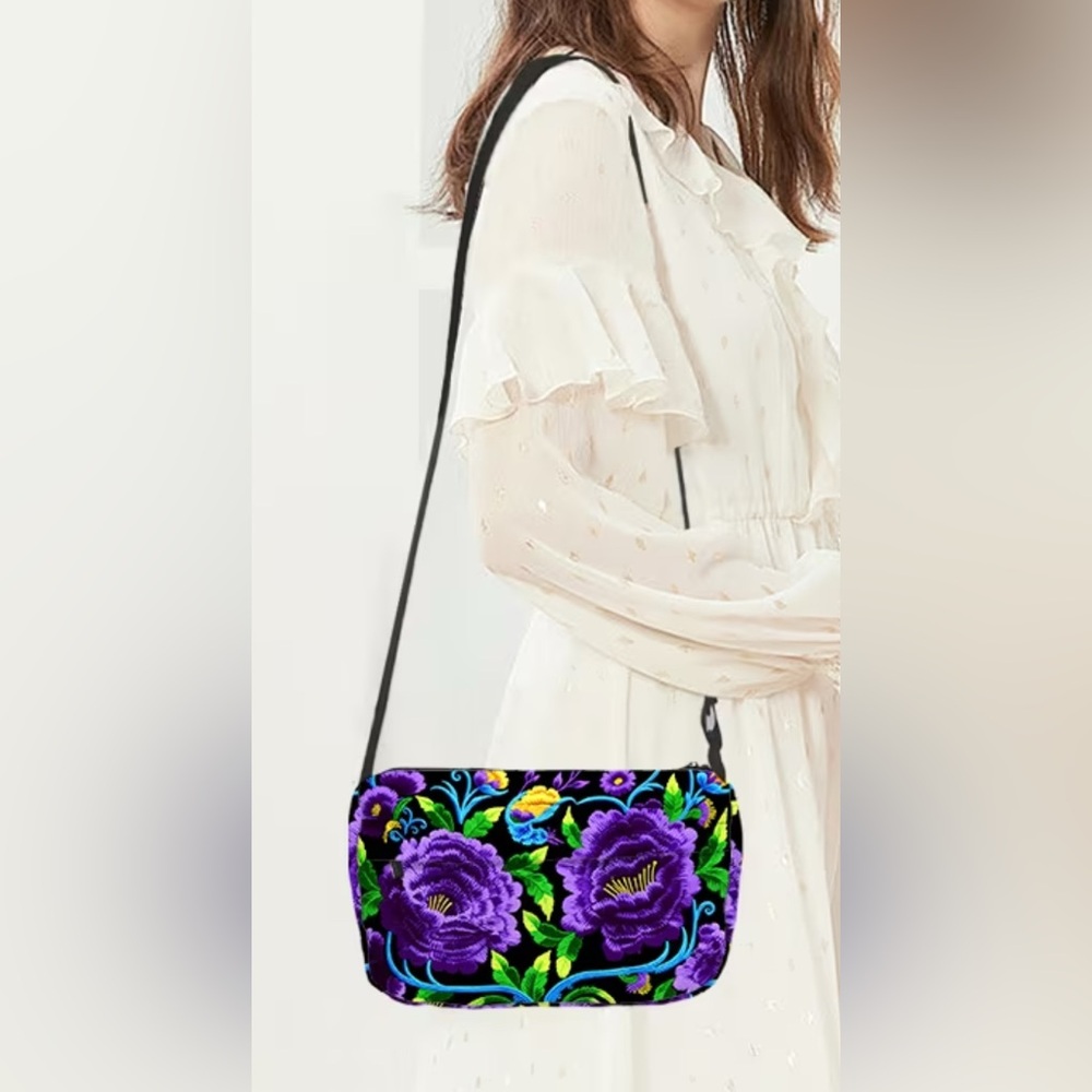 Embroidered Purple Floral Crossbody Bag - Women's Shoulder Bag